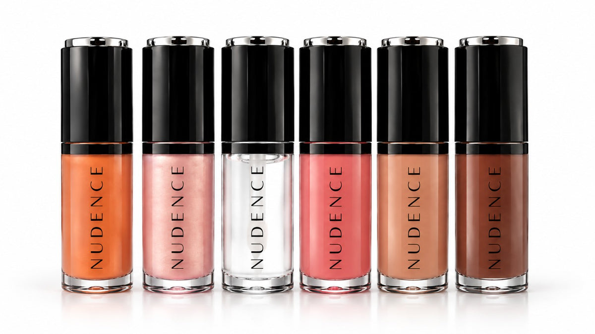 Nudence lip gloss colours on a white background